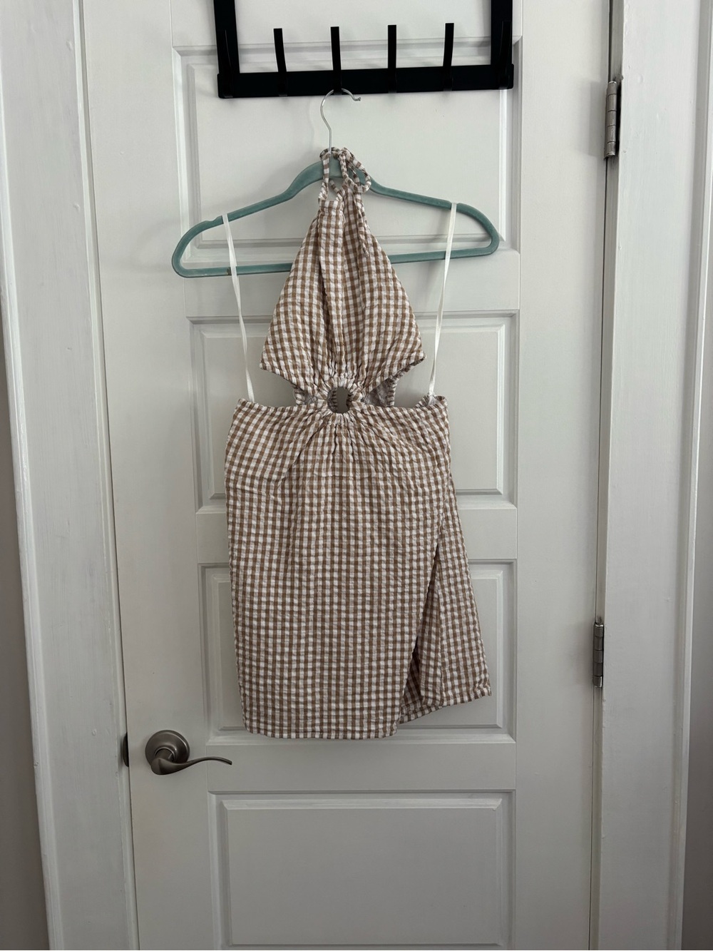 Beige Gingham Halter Mini Dress with Ring Accent